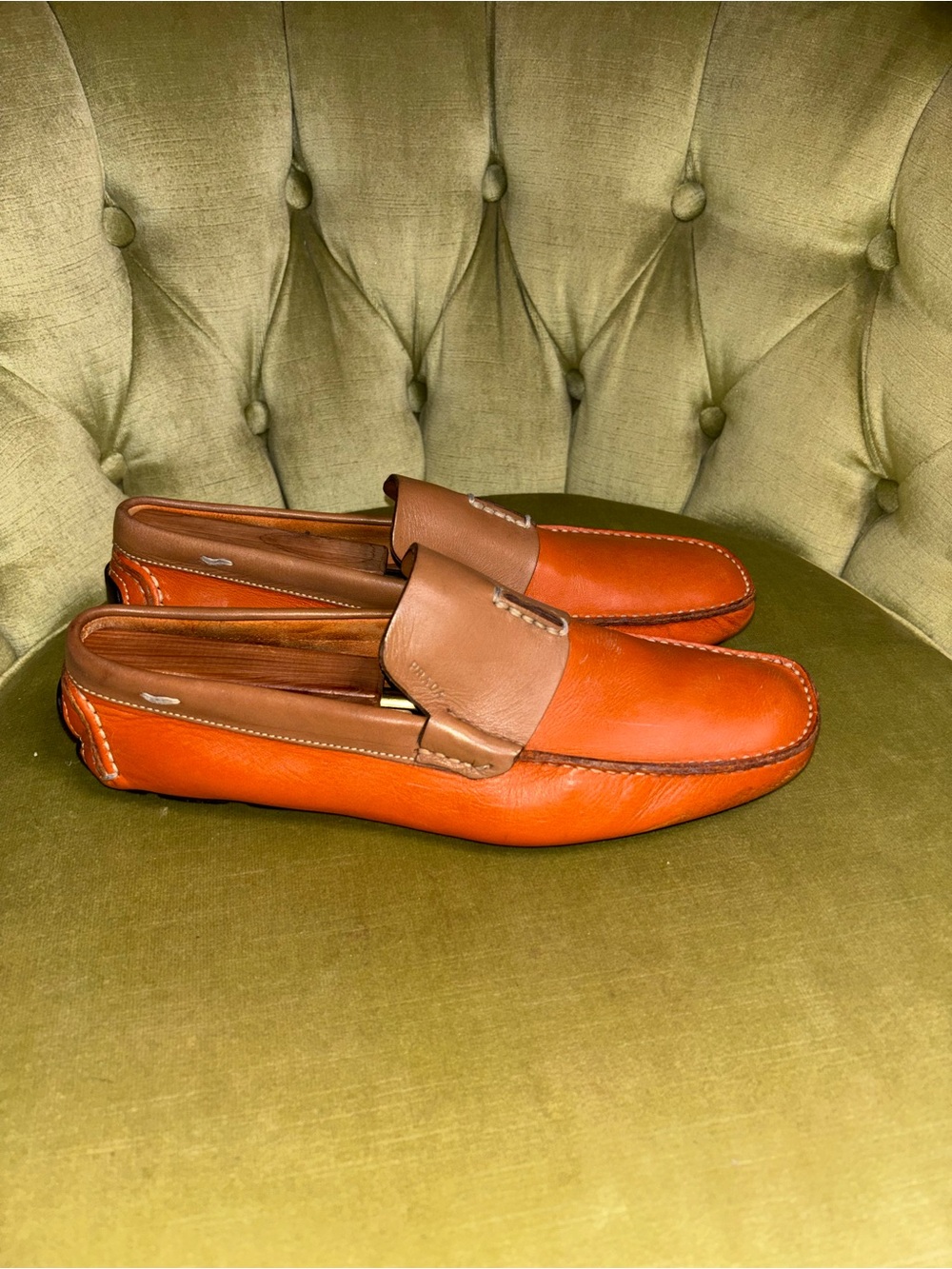 Prada Mens Saffiano Leather Slip On Driving Loafer Orange Tan Men's Size 7 - Picture 3 of 13
